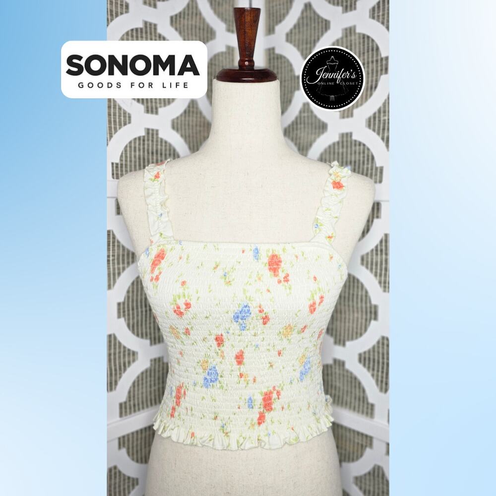 SO Juniors Floral Smocked Ruffle Shoulder Tank Top Size Small